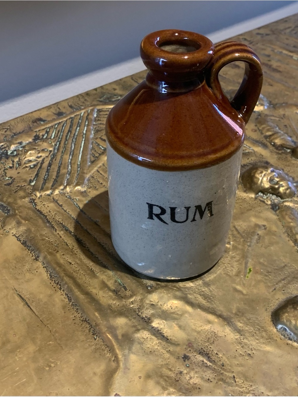Antique/Vintage Stoneware Rum Jug - Brown and Cream Ceramic Bottle